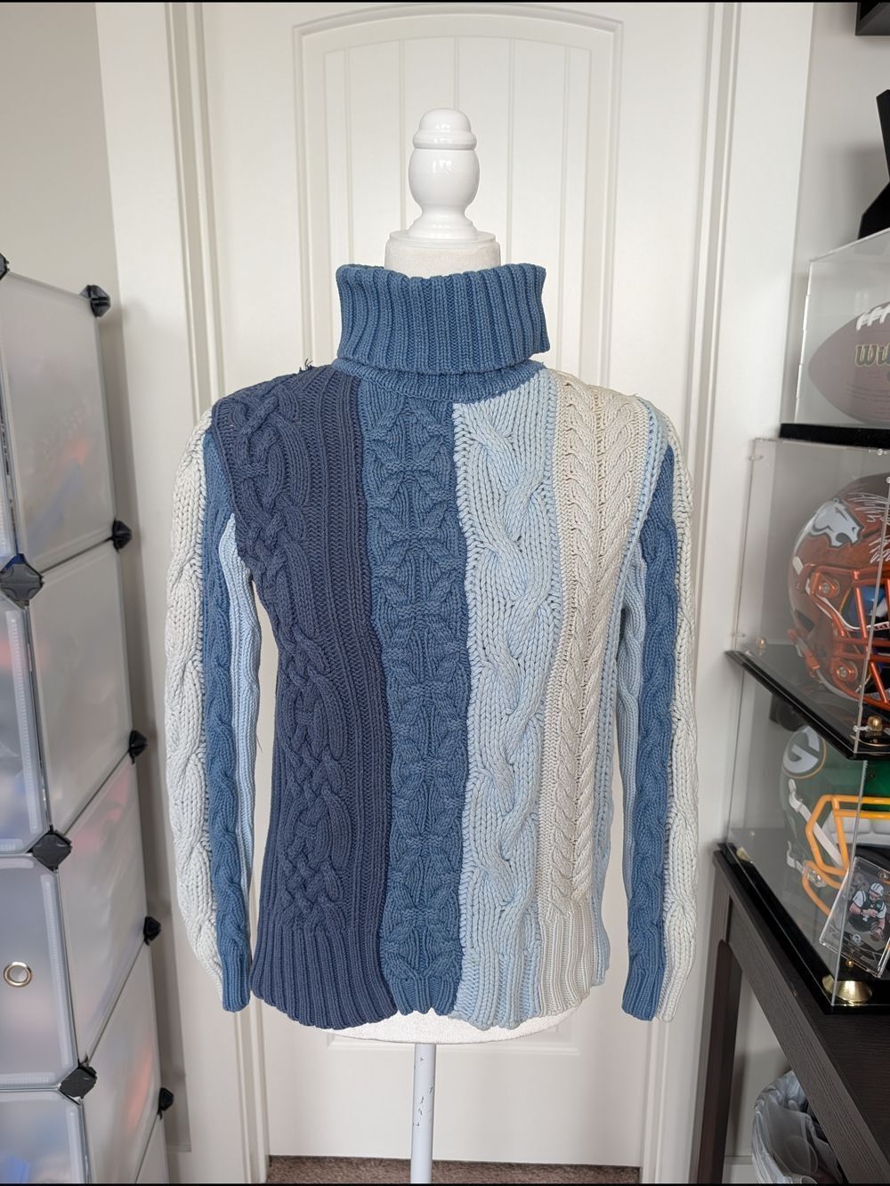 Tommy Hilfiger Womens Blue Off White 2000s Cable Knit Turtleneck Sweater Medium - Picture 2 of 10